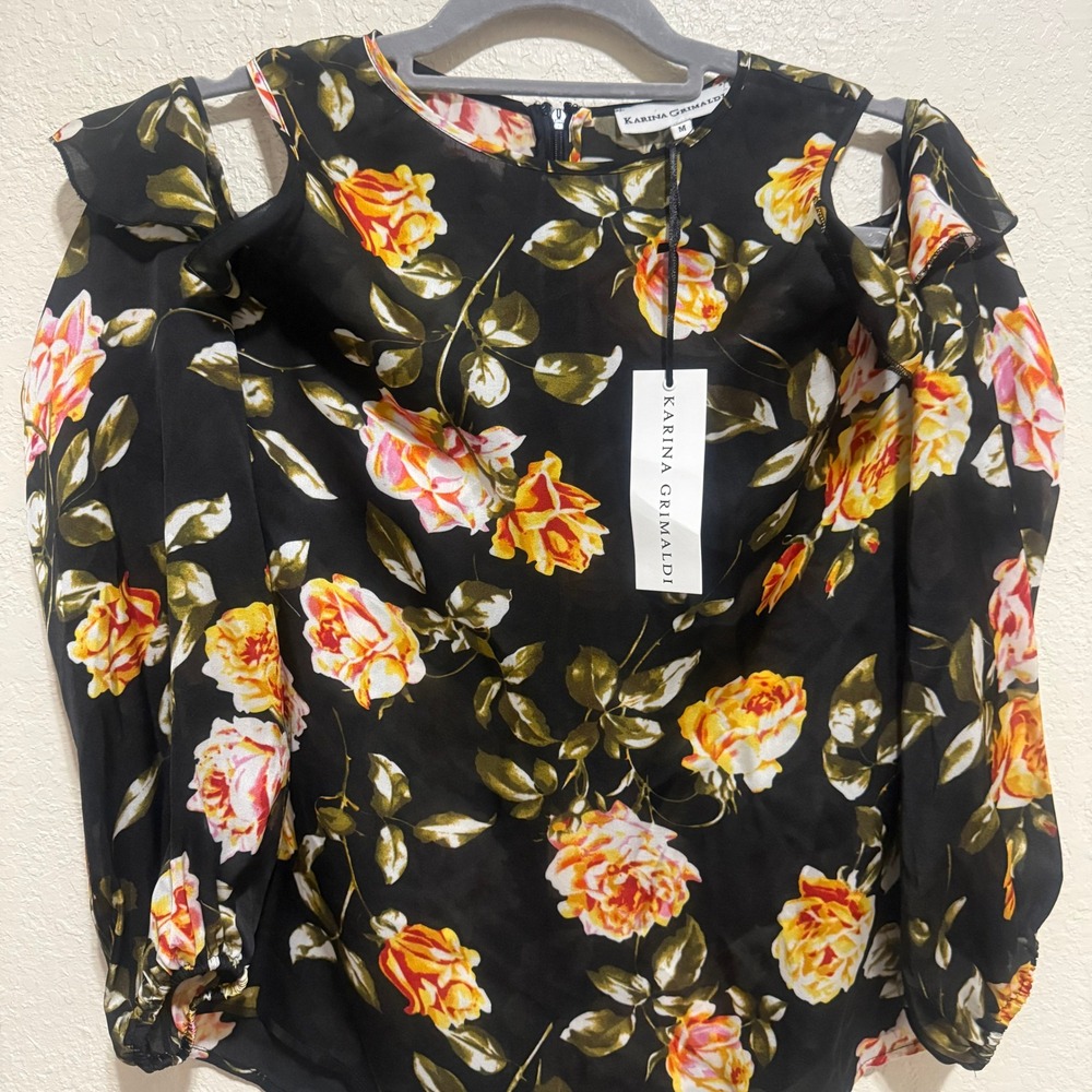 Karina‎ Grimaldi Black Floral 100% Silk Cold Shoulder Ruffle Blouse 1076P NWT M